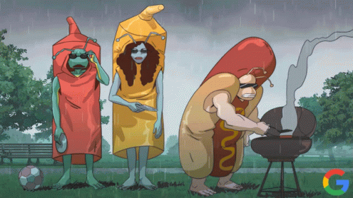 Man In Hot Dog Costume Grilling In Rain GIF