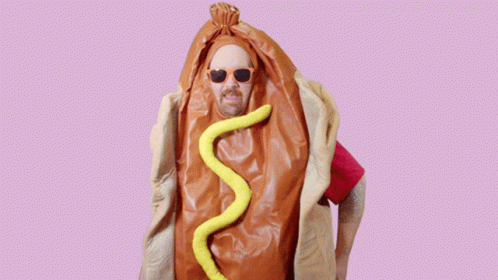 Man in Hot Dog Costume Saying Everybody Shummy
