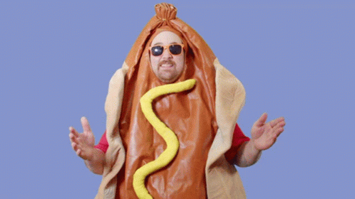 Man in Hot Dog Costume Surrounded by Dollar Bills Saying It's Pay Day