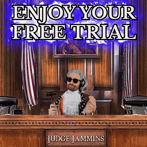 Man In Judge Chair Holding Gavel Enjoy Your Free Trial GIF