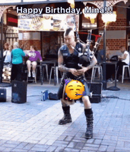 Man in Kilt Playing Bagpipe Happy Birthday Mina