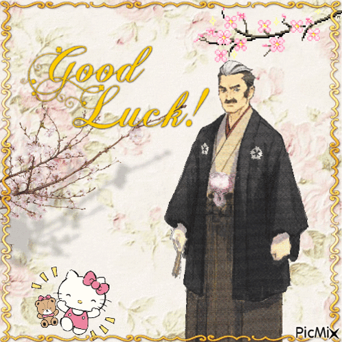 Man in Kimono Next to Hello Kitty