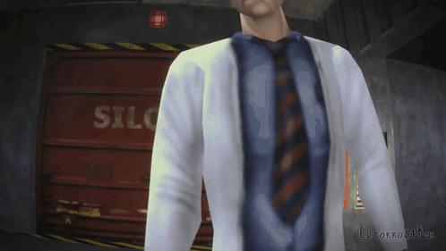 Man in Lab Coat and Tie in Front of Red Door Saying Silo