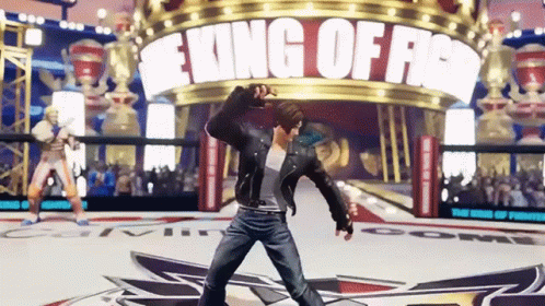 Man in Leather Jacket Dancing by King of Fighters Sign