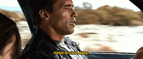Man in Leather Jacket Driving Car Hasta La Vista Baby