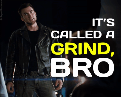 Man in Leather Jacket Next to Sign It's Called a Grind Bro