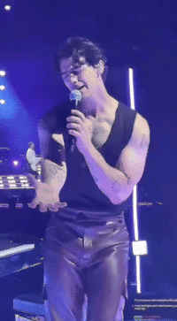 Man In Leather Pants Singing Into Microphone On Stage GIF