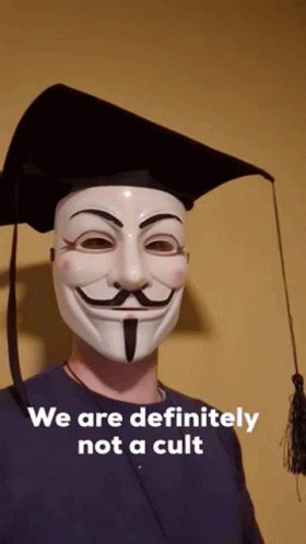 Man in Mask and Graduation Cap Says We Are Not a Cult