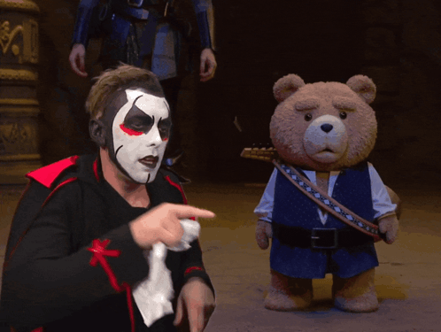 Man in Mask Pointing at Teddy Bear with Guitar