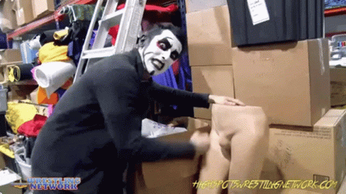 Man in Mask Standing Before Wrestling Network Boxes