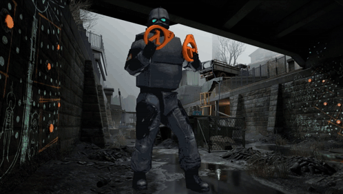 Man In Mask Under Bridge Holding Glove GIF
