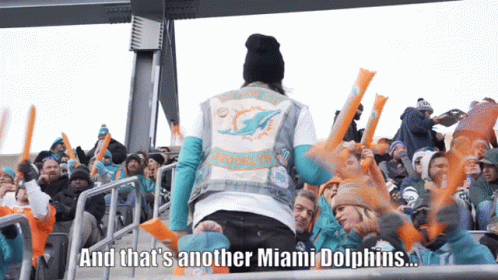 Man In Miami Dolphins Vest Standing In Front Of Crowd GIF