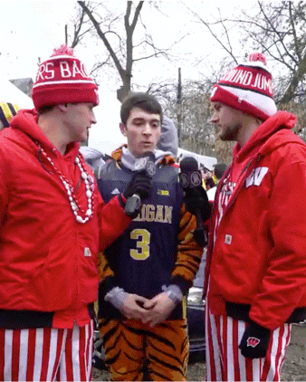 Man in Michigan Jersey Being Interviewed