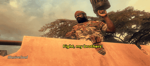 Man in Military Uniform Holding Cannon Says Fight My Brothers