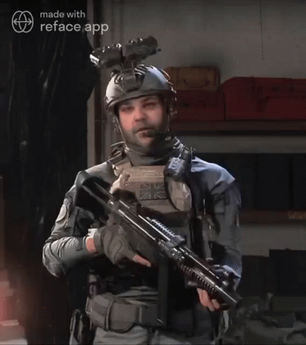 Man in Military Uniform Holding Rifle With Reface Logo