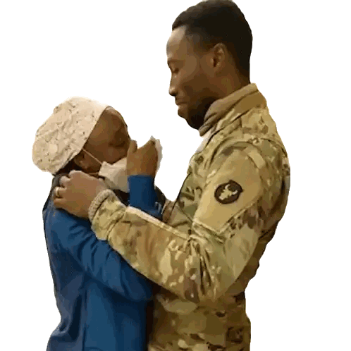 Man in Military Uniform Hugging Woman with Face Mask