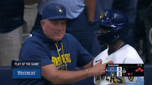 Man In Milwaukee Brewers Hat Talks To Player GIF