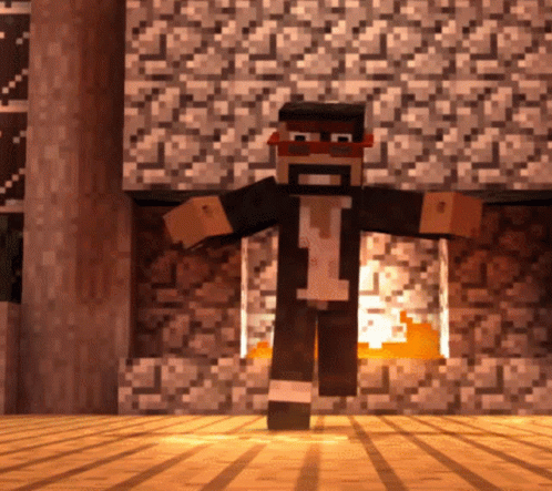 Man in Minecraft Standing by Fireplace
