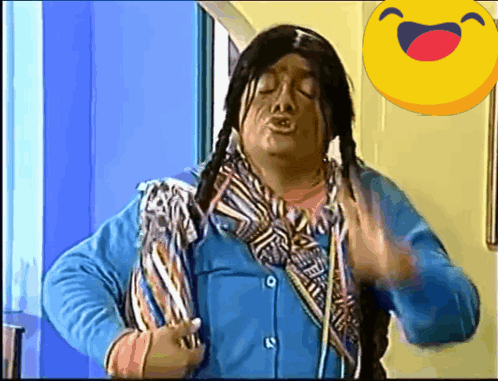 Man In Native American Costume Laughing With Smiley Behind GIF