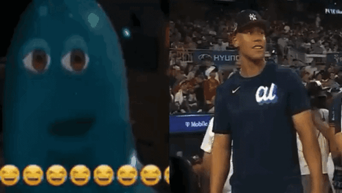 Man In NY Yankees Shirt In Front Of Crowd GIF