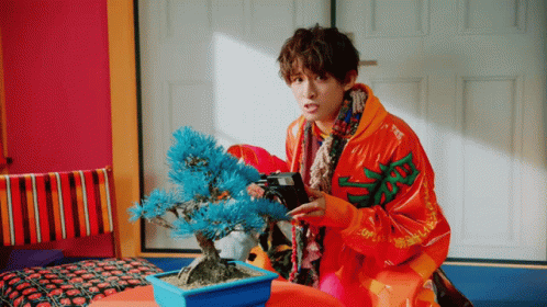 Man In Orange Jacket Photographing Blue Tree GIF
