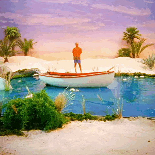 Man in Orange Shirt on Boat in Lake