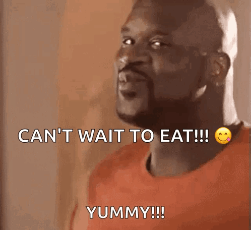 Man in Orange Shirt Saying Can't Wait to Eat