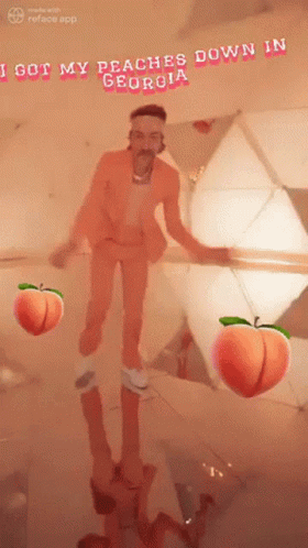 Man in Orange Suit in Front of Mirror With Peaches