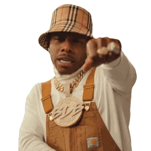 Man in Overalls and Burberry Hat Pointing at Camera