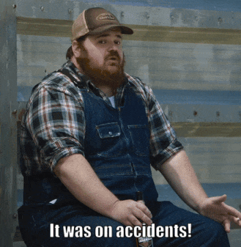 Man in Overalls and Plaid Shirt Saying It Was an Accident