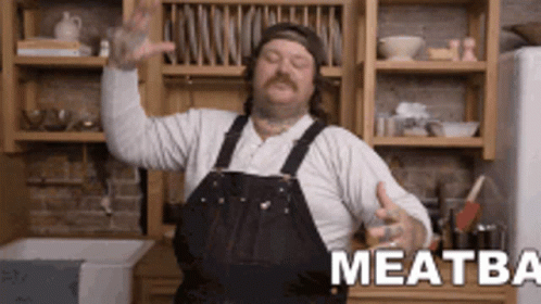 Man in Overalls Dancing With Word Meatba