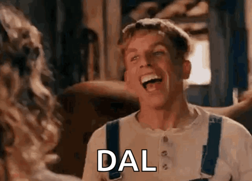 Man In Overalls Laughing Talking To Woman GIF