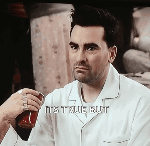 Man in Pajamas Holding Tea and Saying Its True But