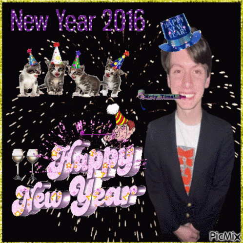 Man in Party Hat and Blue Hat Saying Happy New Year