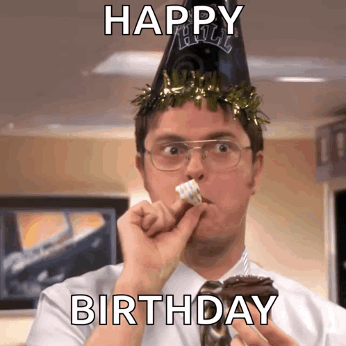 Man in Party Hat Eating Cake Happy Birthday