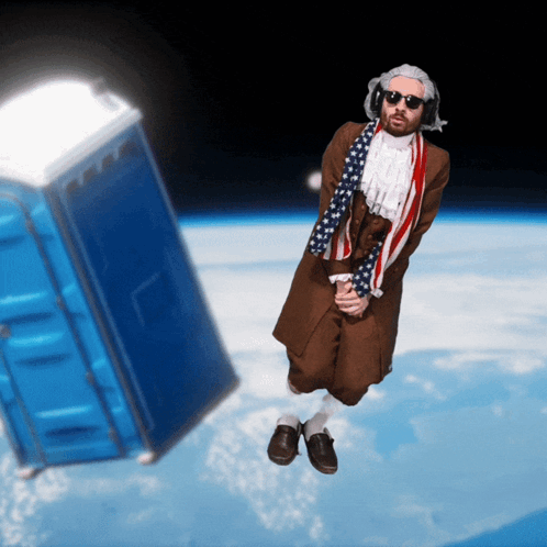 Man in Patriotic Costume Flying Through Space