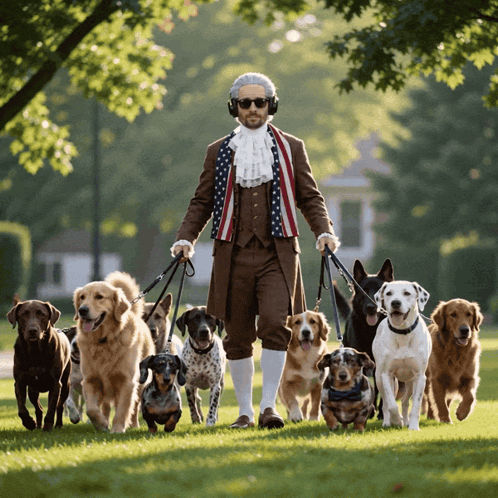 Man in Patriotic Outfit Walking Dogs
