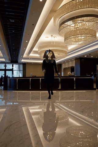 Man in Pharaoh Mask Walking in Lobby