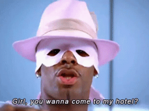 Man In Pink Hat And Mask Says Girl You Wanna Come To My Hotel GIF