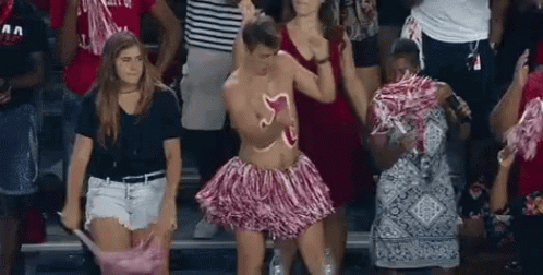 Man in Pink Pom Pom Skirt Dancing at Football Game