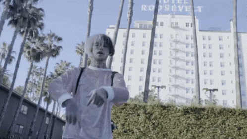 Man In Pink Shirt In Front Of Hotel Roosevelt GIF