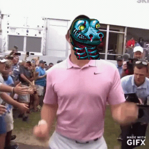 Man in Pink Shirt with Frog Face