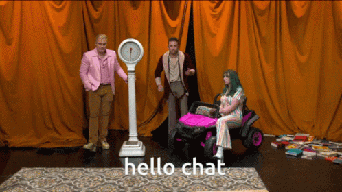 Man in Pink Suit Standing Next to Scale and Woman in Pink Car Saying Hello Chat