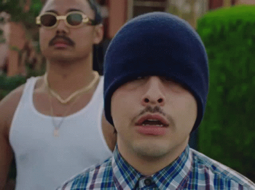 Man In Plaid Shirt And Blue Hat Next To Sunglasses GIF