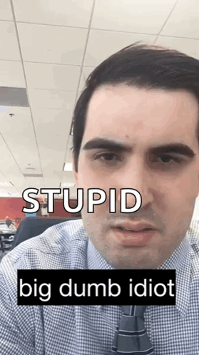 Man In Plaid Shirt And Tie Saying Stupid Big Dumb Idiot GIF