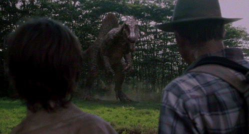 Man In Plaid Shirt Looking At Dinosaur GIF