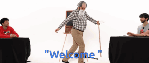 Man in Plaid Shirt Walking Cane Welcome Blue