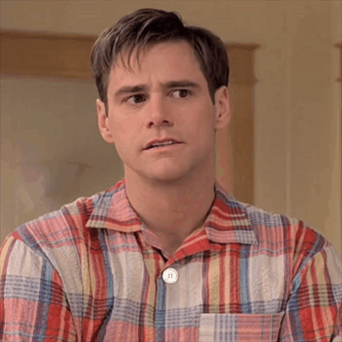 Man in Plaid Shirt with Button Saying II