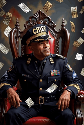 Man In Police Uniform Surrounded By Falling Money GIF