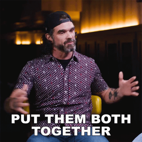 Man in Polka Dot Shirt Says Put Them Both Together With Arms Outstretched
